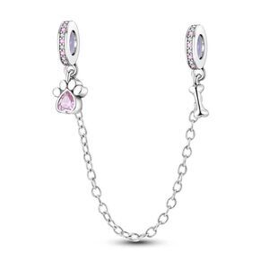 S925 Sterling Silver Pink Sparkle Paw & Bone Safety Chain For Charm Bracelet